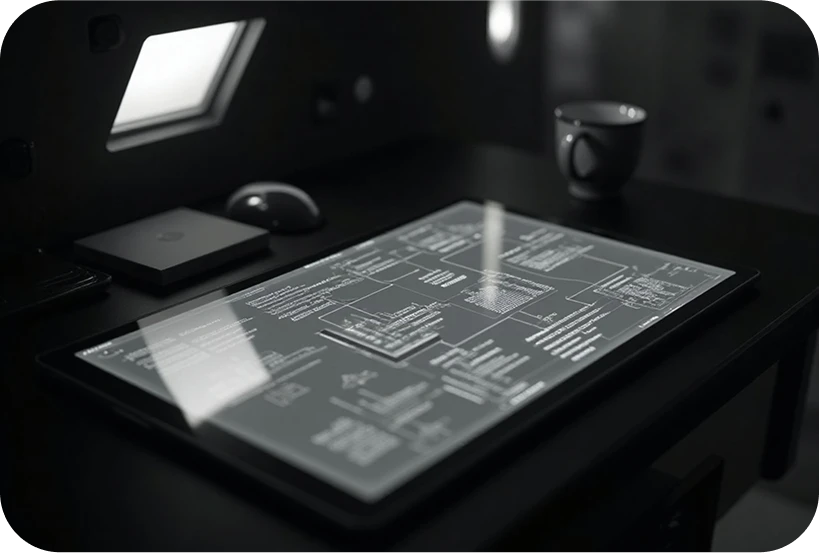 Imagem de um tablet exibindo um gráfico de dados em um ambiente de trabalho moderno, com uma caneca e um mouse em um fundo escuro. Ideal para referencias de tecnologia e design.