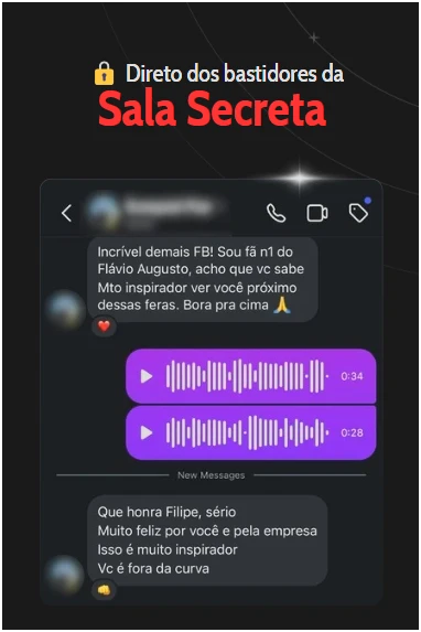Imagem de uma conversa em mensagem direta destacando a "Sala Secreta", com elogios e mensagens de inspiração entre os participantes.