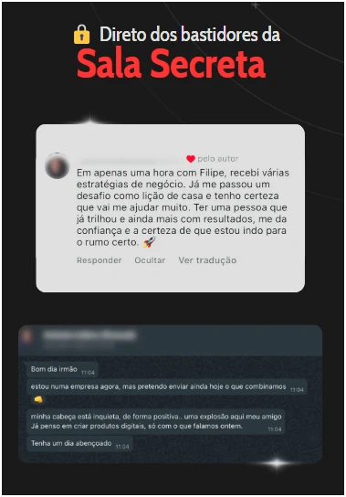 Print da Sala Secreta, destacando feedbacks e interações sobre estratégias de negócios, mostrando a importância de mentorias e troca de experiências.